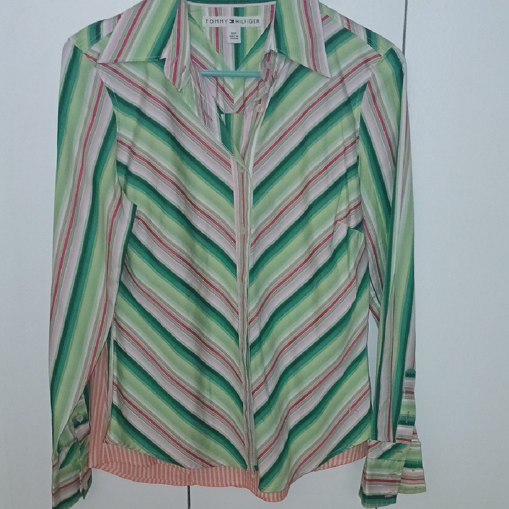 Tommy Hilfiger Green and Pink Fitted Button Down Shirt